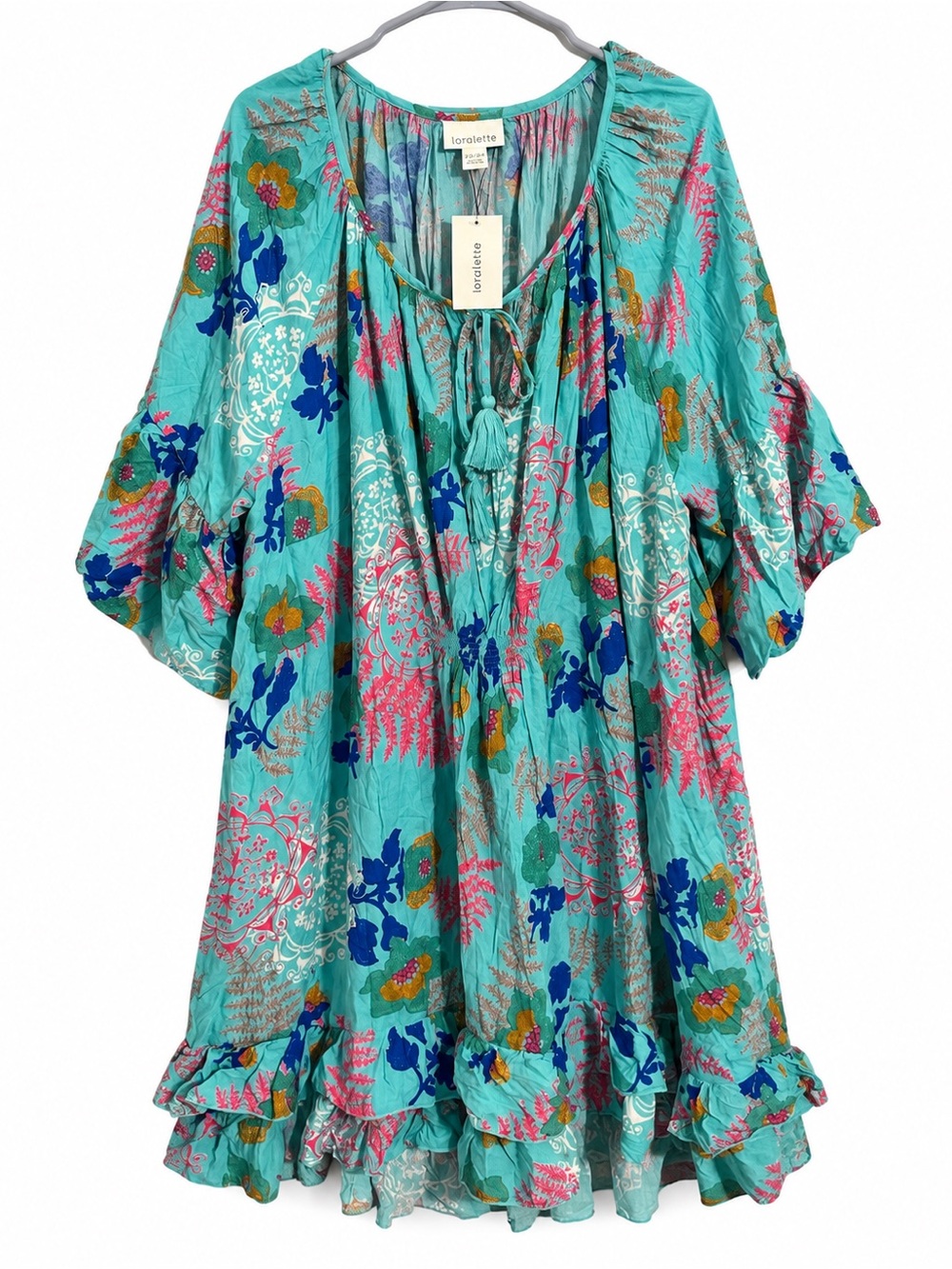 Loralette 22/24 Turquoise Floral Boho Dress NWT Plus Size Bell Sleeve Tassel Tun